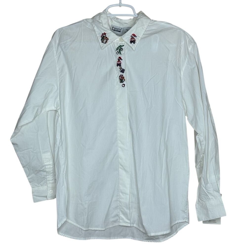Capacity Petites Christmas Teddy Bear‎ Embroidered White Button Down Shirt 22108